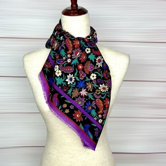 Vintage Baar & Beards Wool Purple Floral Square Scarf made in Japan - Picture 7 of 8